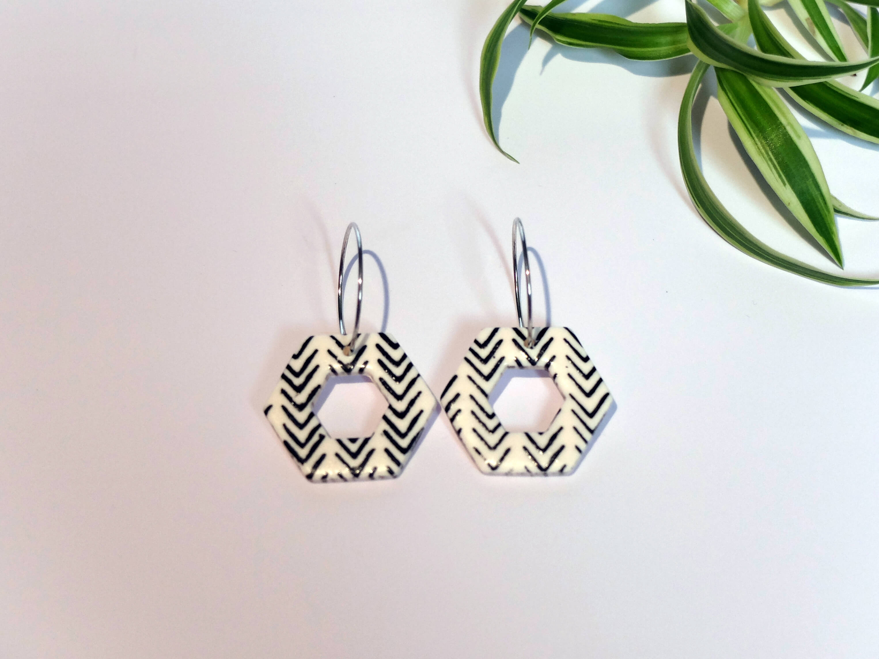 Handmade black and white hexagonal hoop earrings - lightweight polymer clay - Polly Plant Yorkshire
