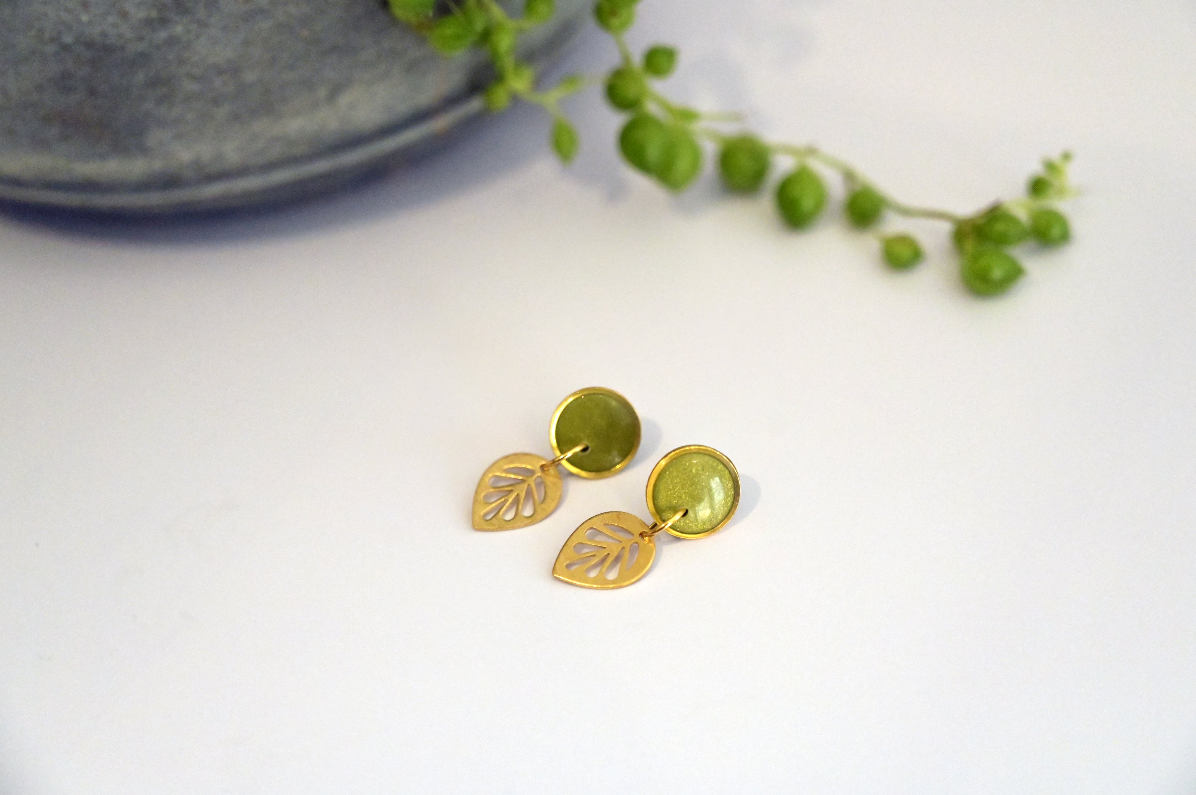 Unique polymer clay earrings - Olive green high gloss finish - Polly Plant Yorkshire, UK