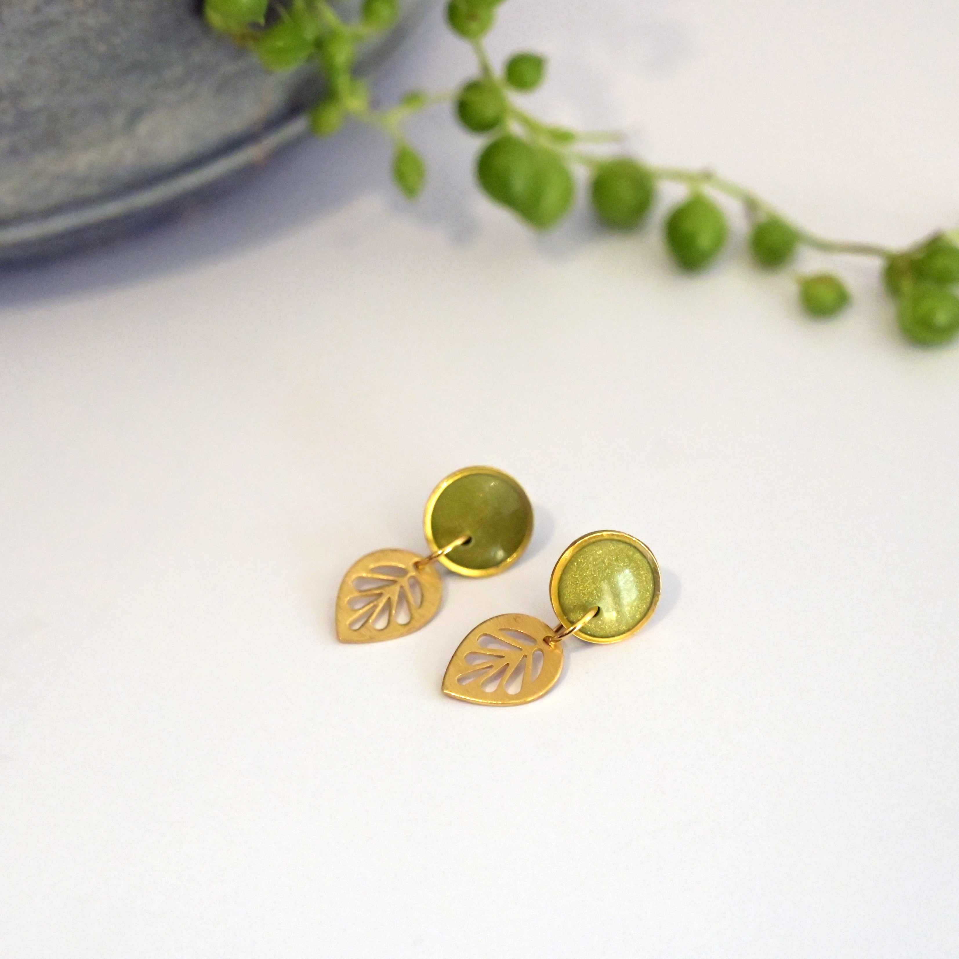 Pair of olive green polymer clay dangle earrings - botanical design - handmade by Polly Plant