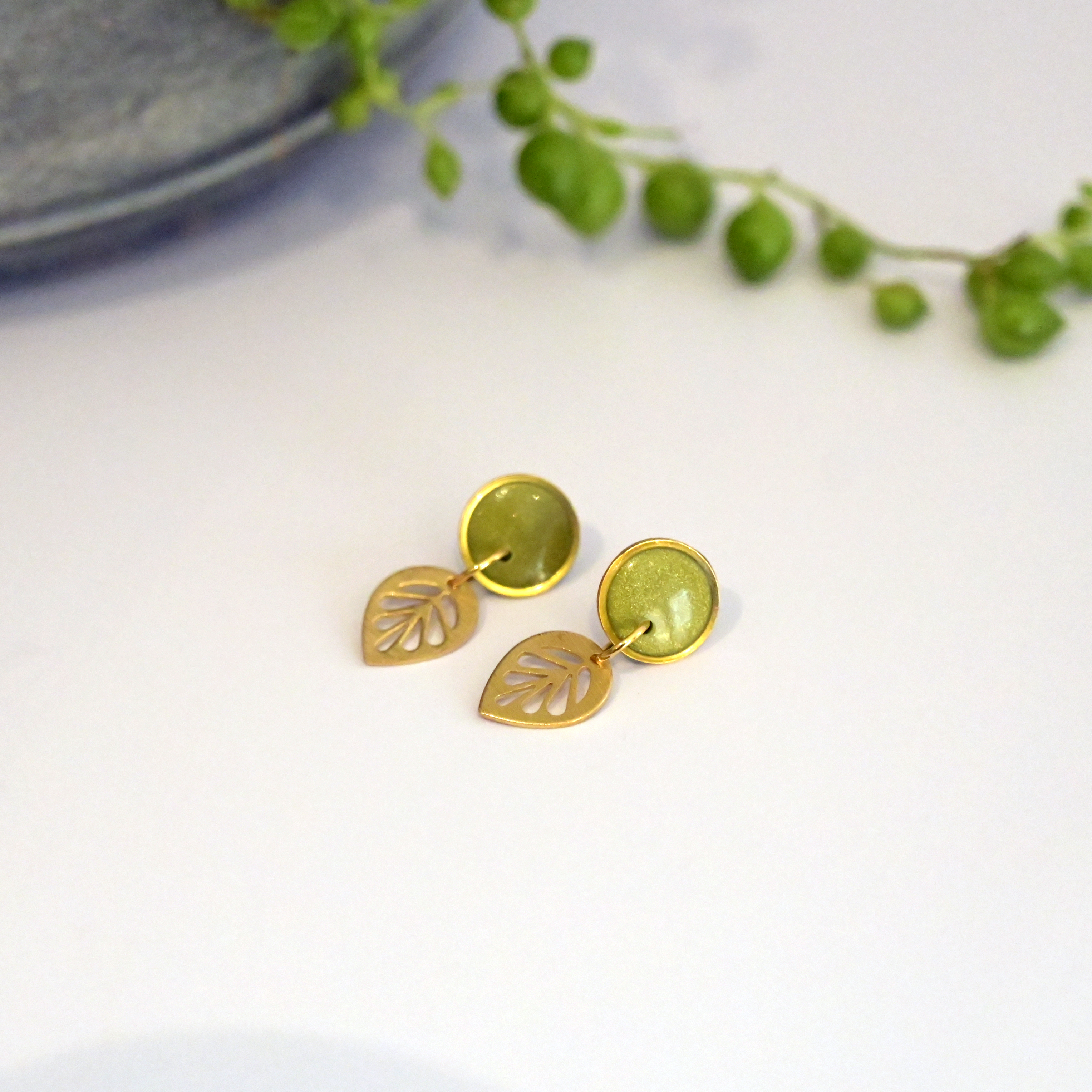 Bestselling olive green polymer clay dangle earrings - leaf design - handmade by Polly Plant