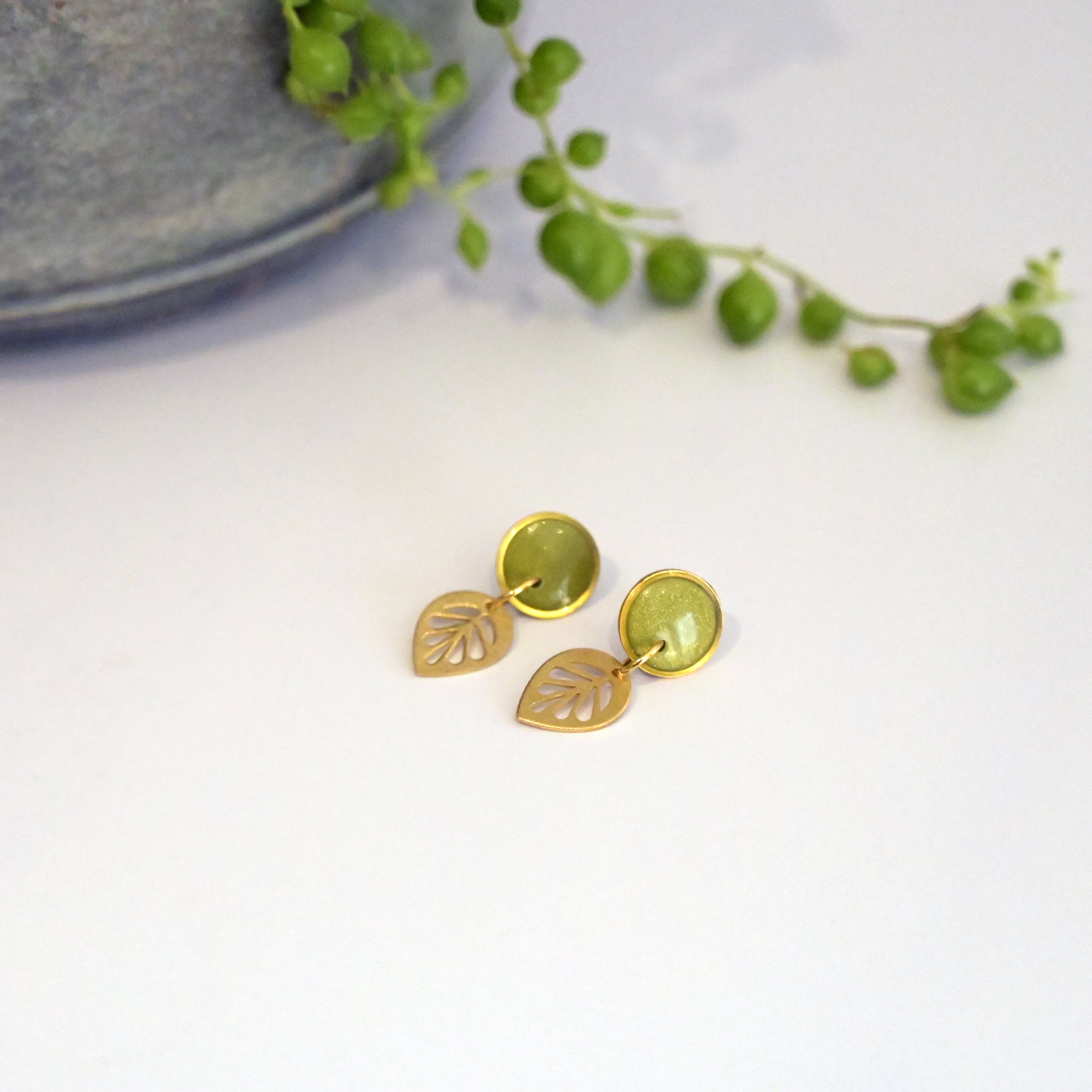 Close up of olive polymer clay dangle earrings - handcrafted detail - Polly Plant jewellery