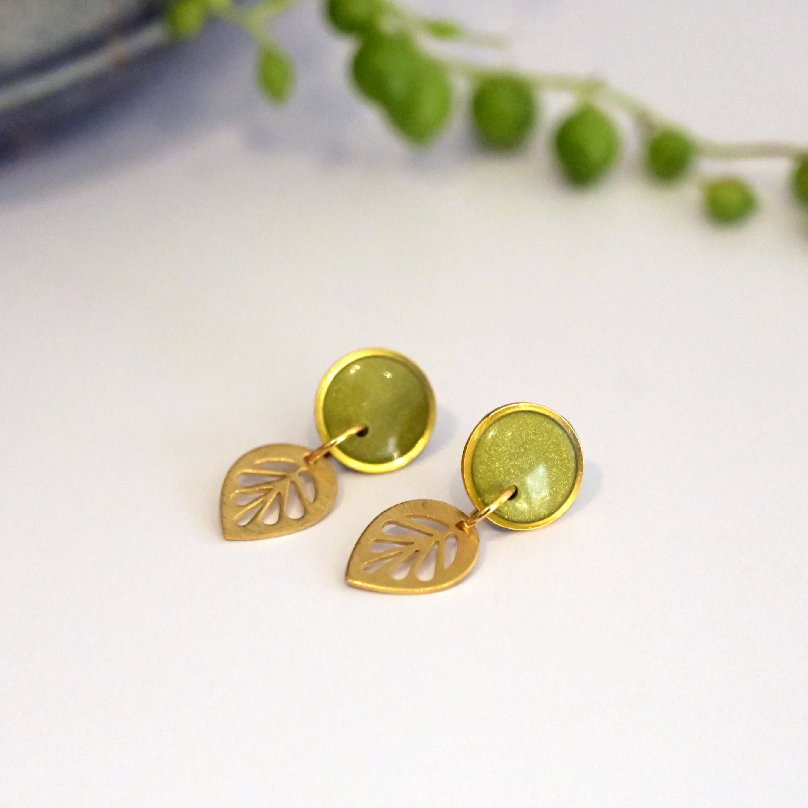 Olive polymer clay dangle earrings with resin finish - glossy botanical design - Polly Plant