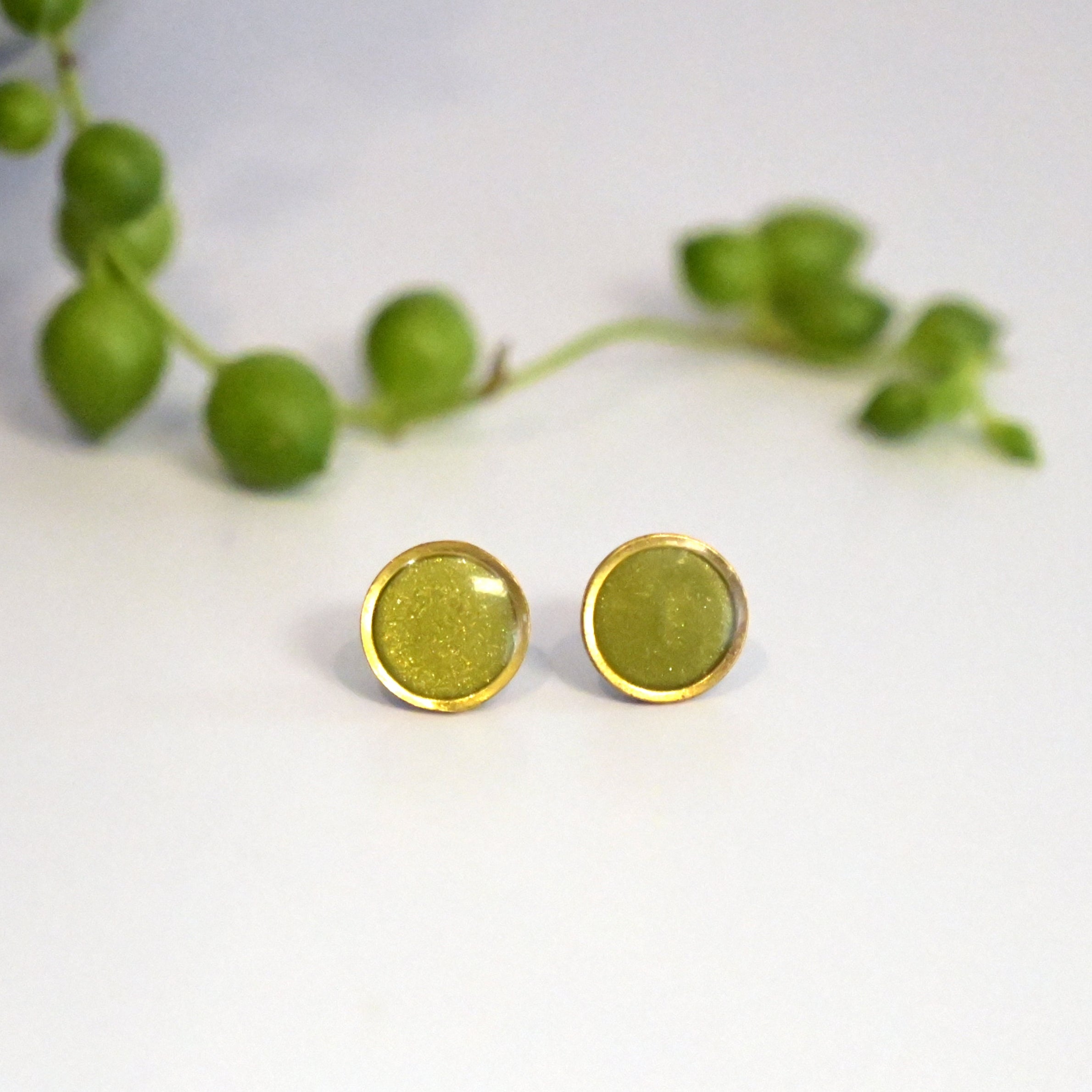 Handmade polymer clay stud earrings - Olive green and gold - hand mixed colour blend and resin- Polly Plant Yorkshire