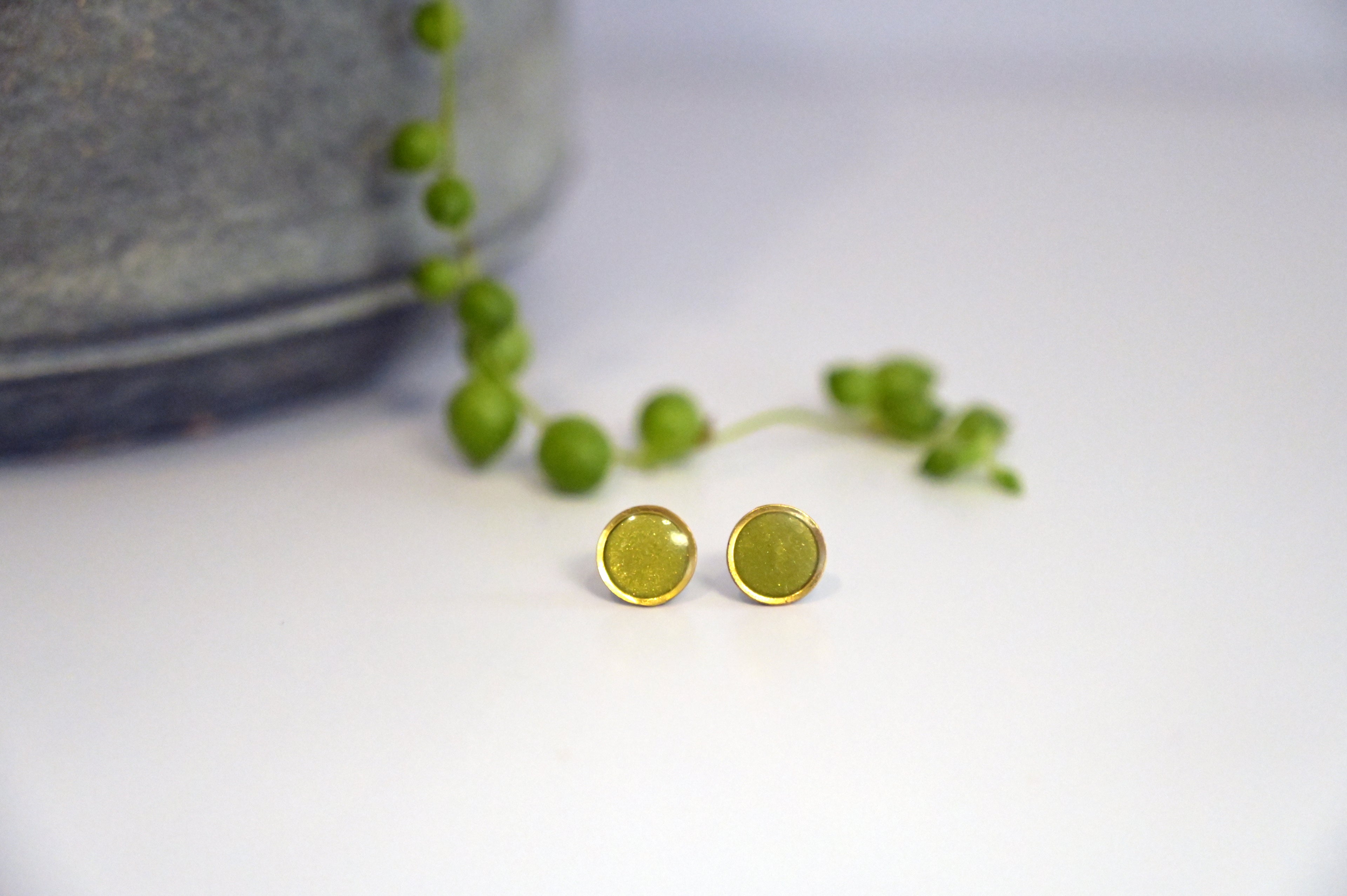 Handmade polymer clay stud earrings - Olive green and gold - hand blended colour blend and resin - Polly Plant Yorkshire