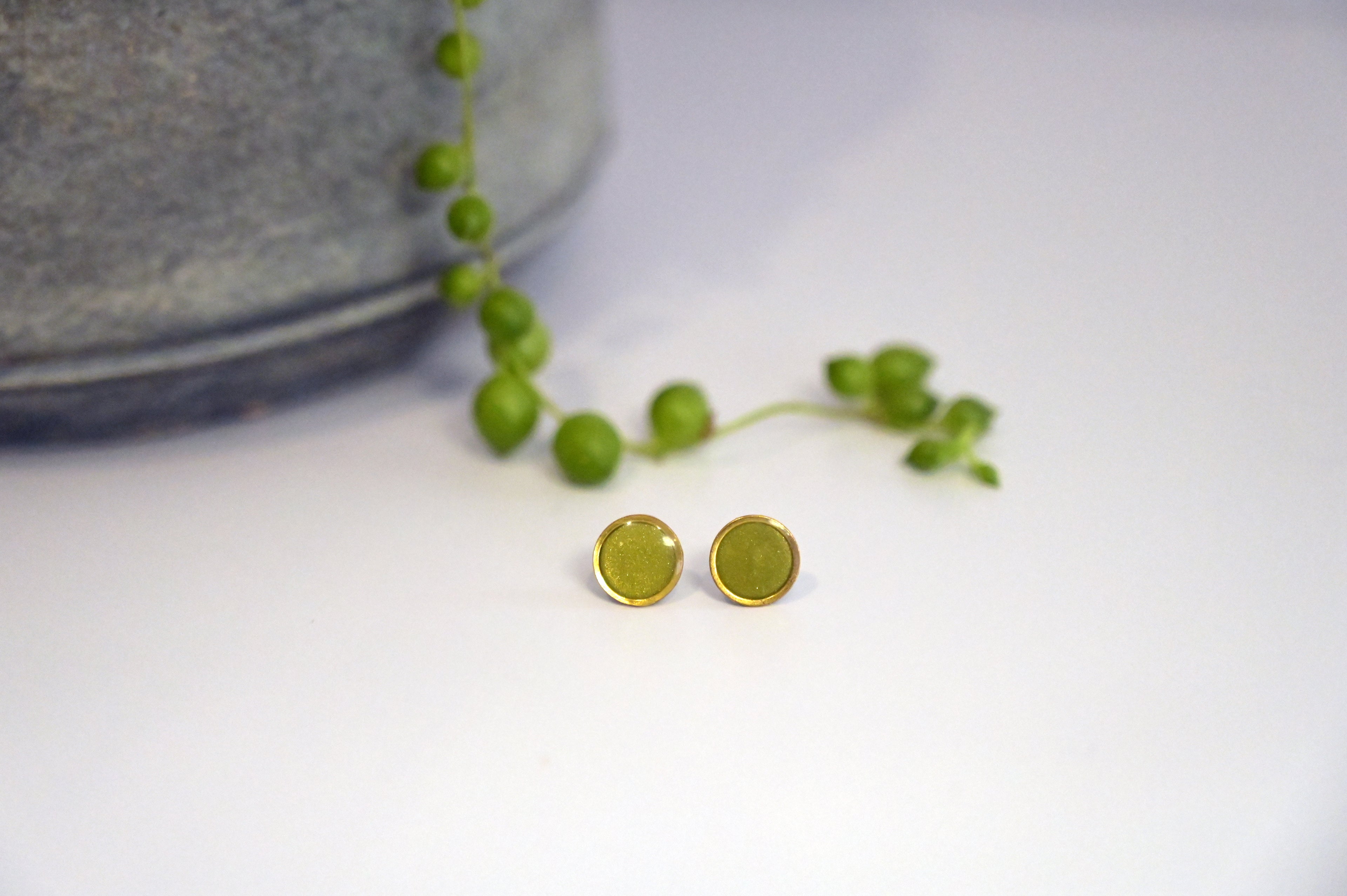 Olive green polymer clay studs - handmade earrings - botanical inspired design - Polly Plant