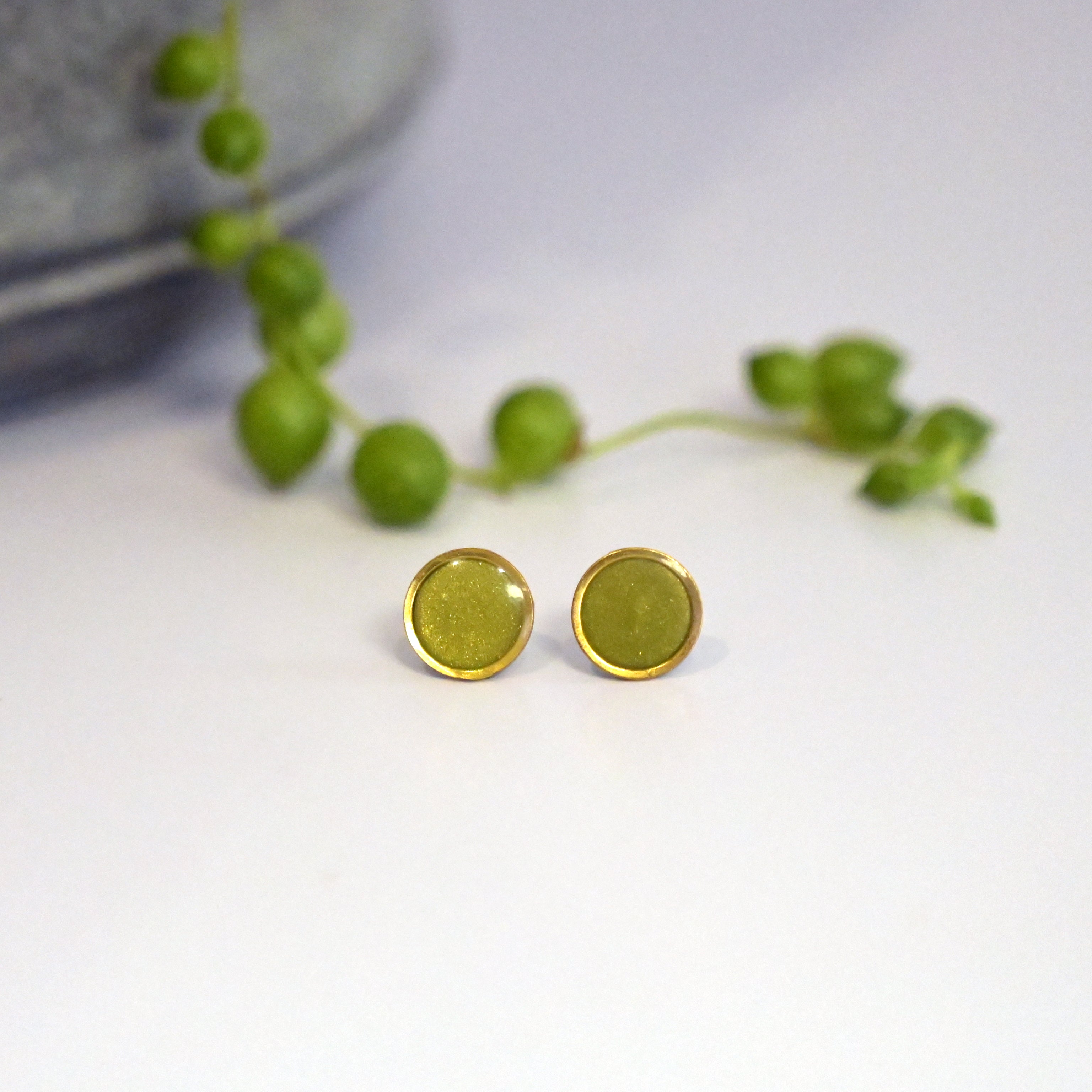 Polymer clay stud earrings - olive green and shimmer - hypoallergenic stainless steel - Polly Plant