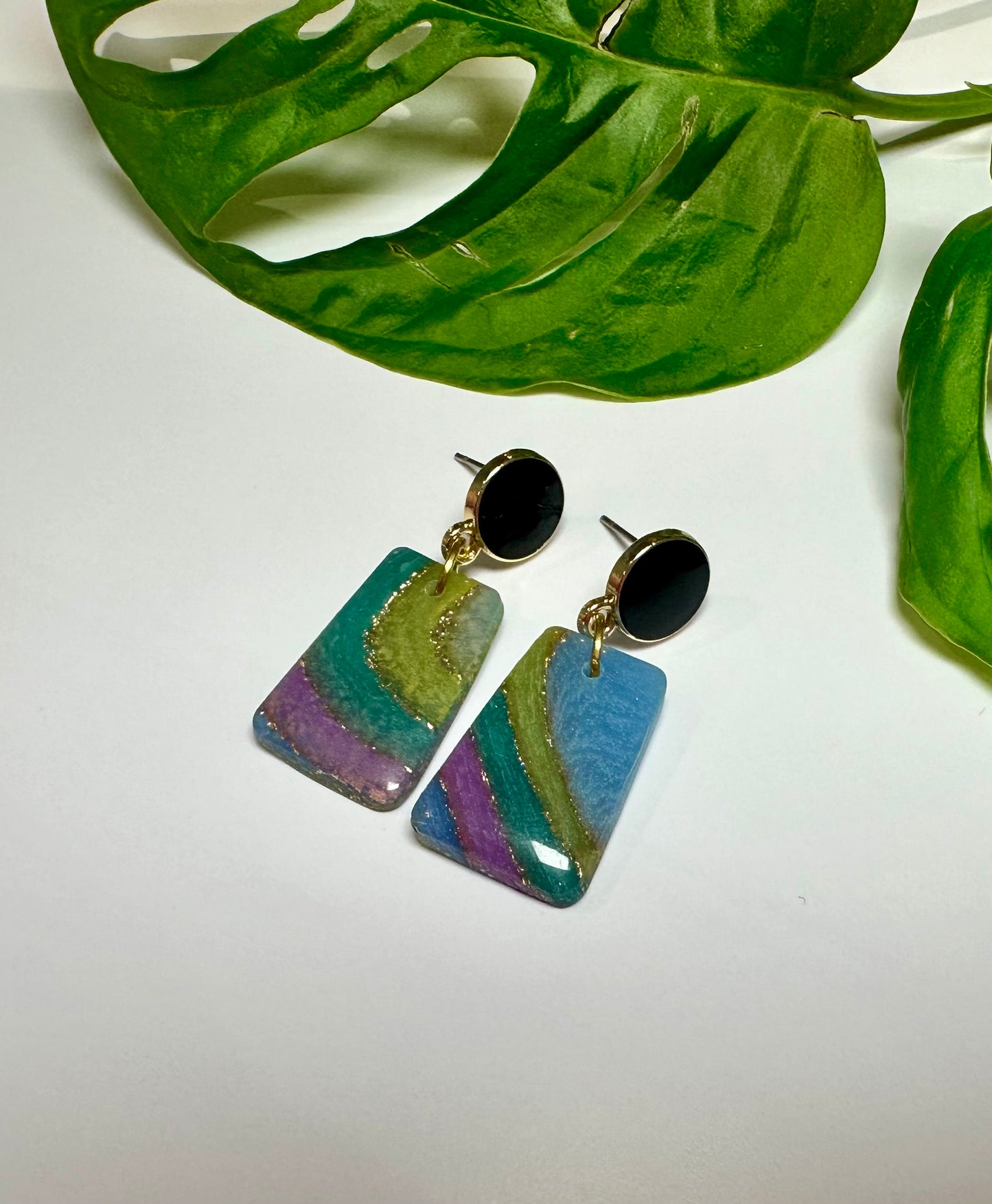 Geode Dangles in Purple, Green and Blue with Gold accents