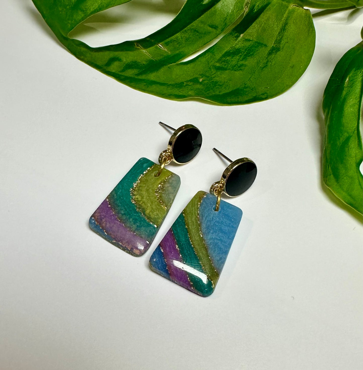 Geode Dangles in Purple, Green and Blue with Gold accents