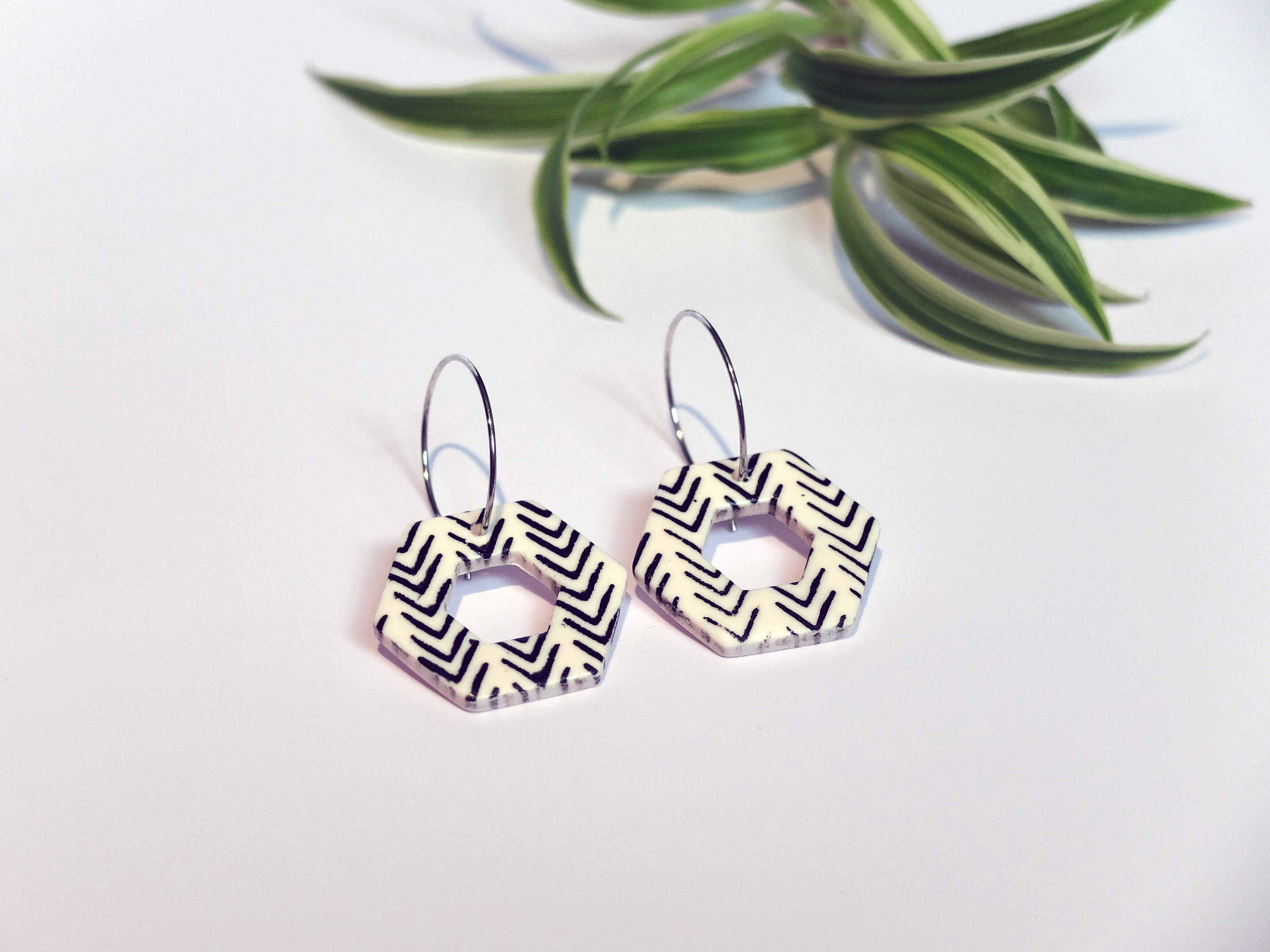 Handmade geometric hoop earrings with silkscreen technique - lightweight polymer clay - Polly Plant Yorkshire