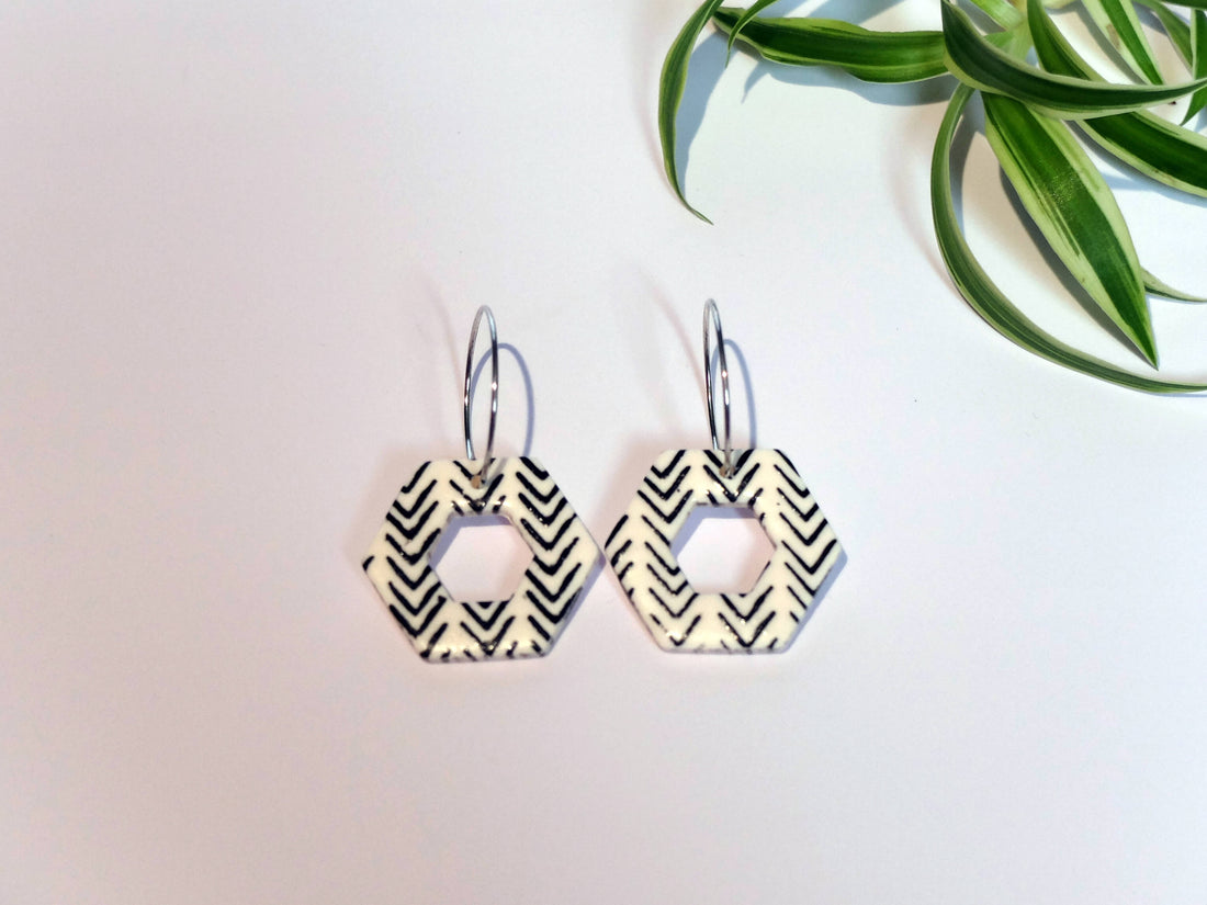 Handmade black and white hexagonal hoop earrings  - lightweight polymer clay - Polly Plant Yorkshire