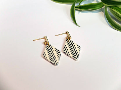 Handmade geometric dangle earrings with silkscreen technique - lightweight polymer clay - Polly Plant Yorkshire