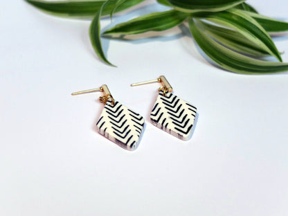 Side view of monochrome geometric earrings - handmade in Yorkshire - Polly Plant