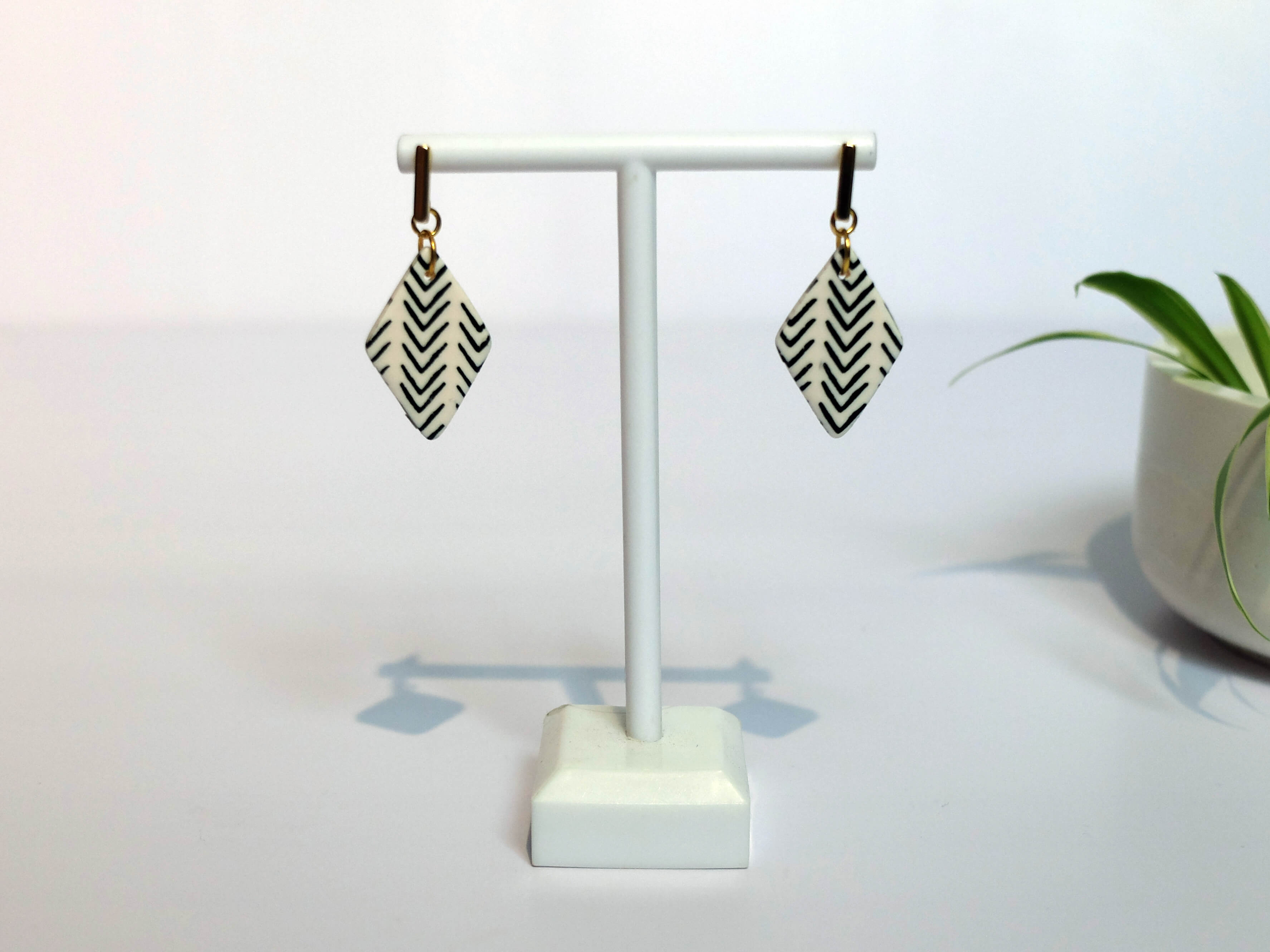 Monochrome polymer clay earrings - golden stainless steel - hypoallergenic - Polly Plant, Yorkshire