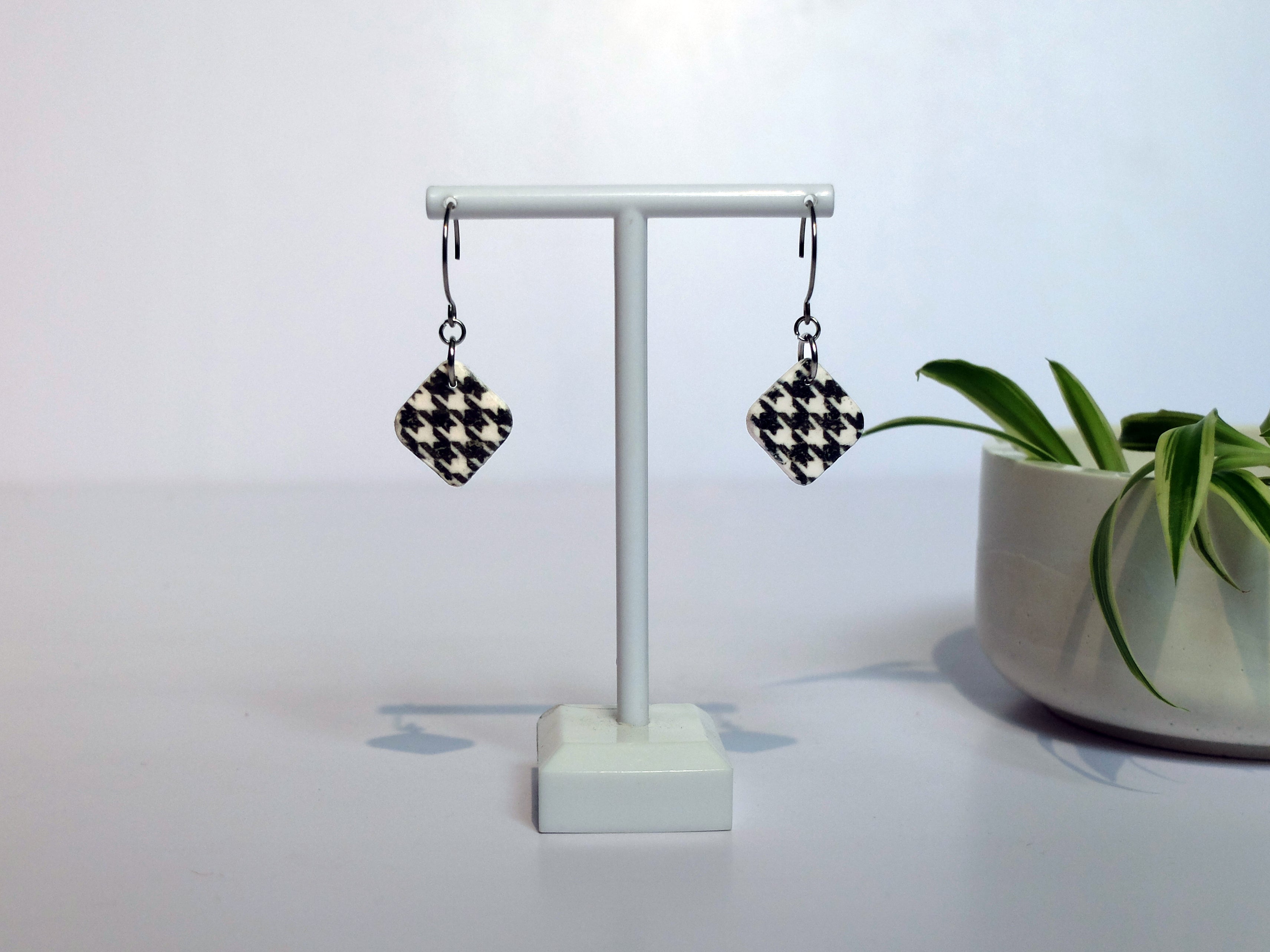 Handmade houndstooth dangle earrings - transfer technique polymer clay - Polly Plant Yorkshire