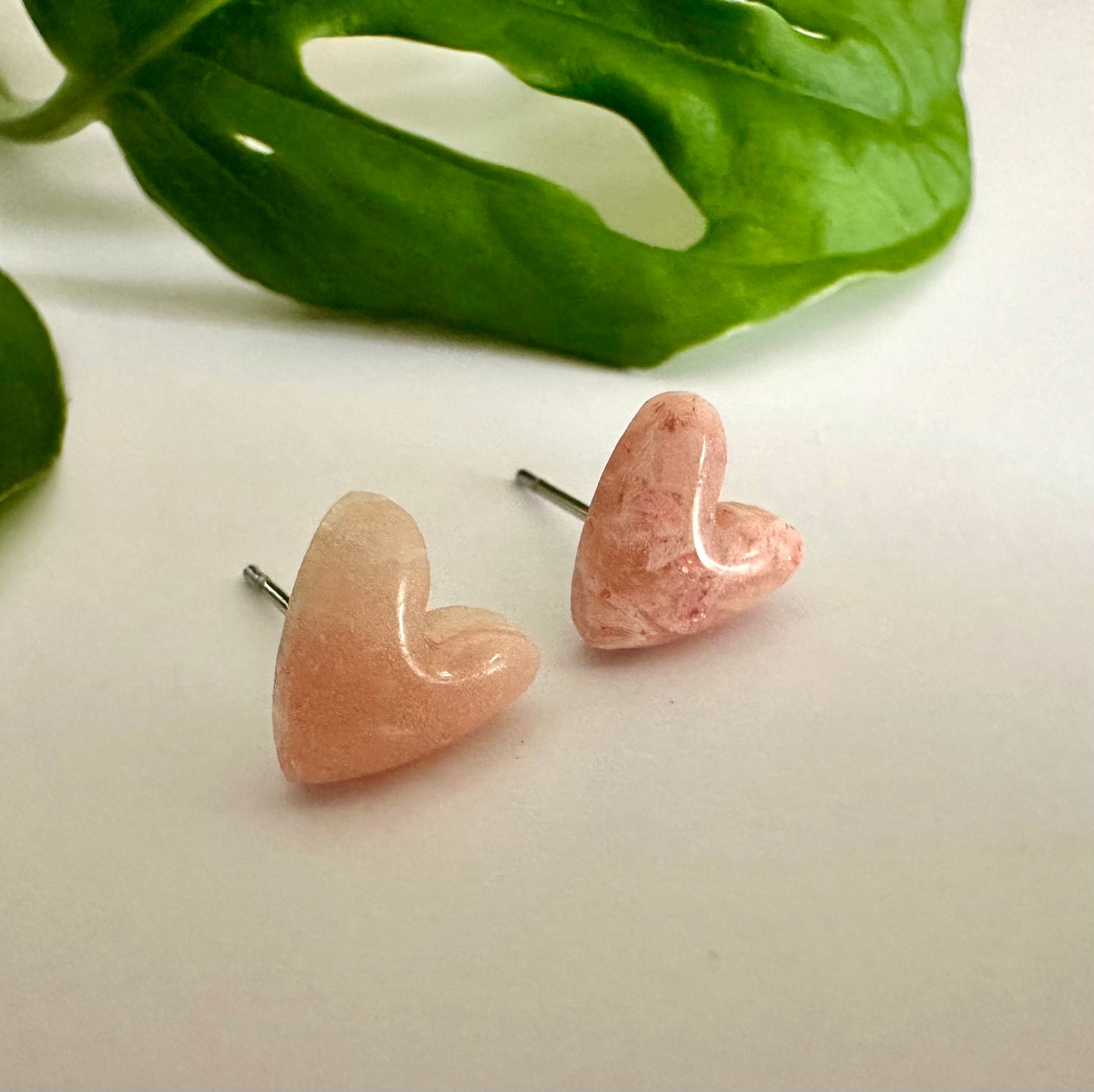 Pink Marble Heart Studs